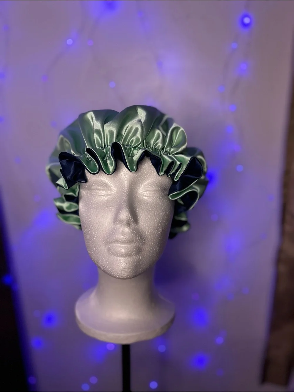 Satin Double-Ruffle Bonnet - Navy and Mint